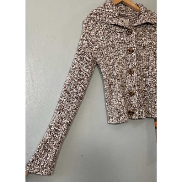 Y2K 2000s Energie Junior Size Large Brown Shawl Collar Cropped Baby Cardigan - Picture 3 of 8